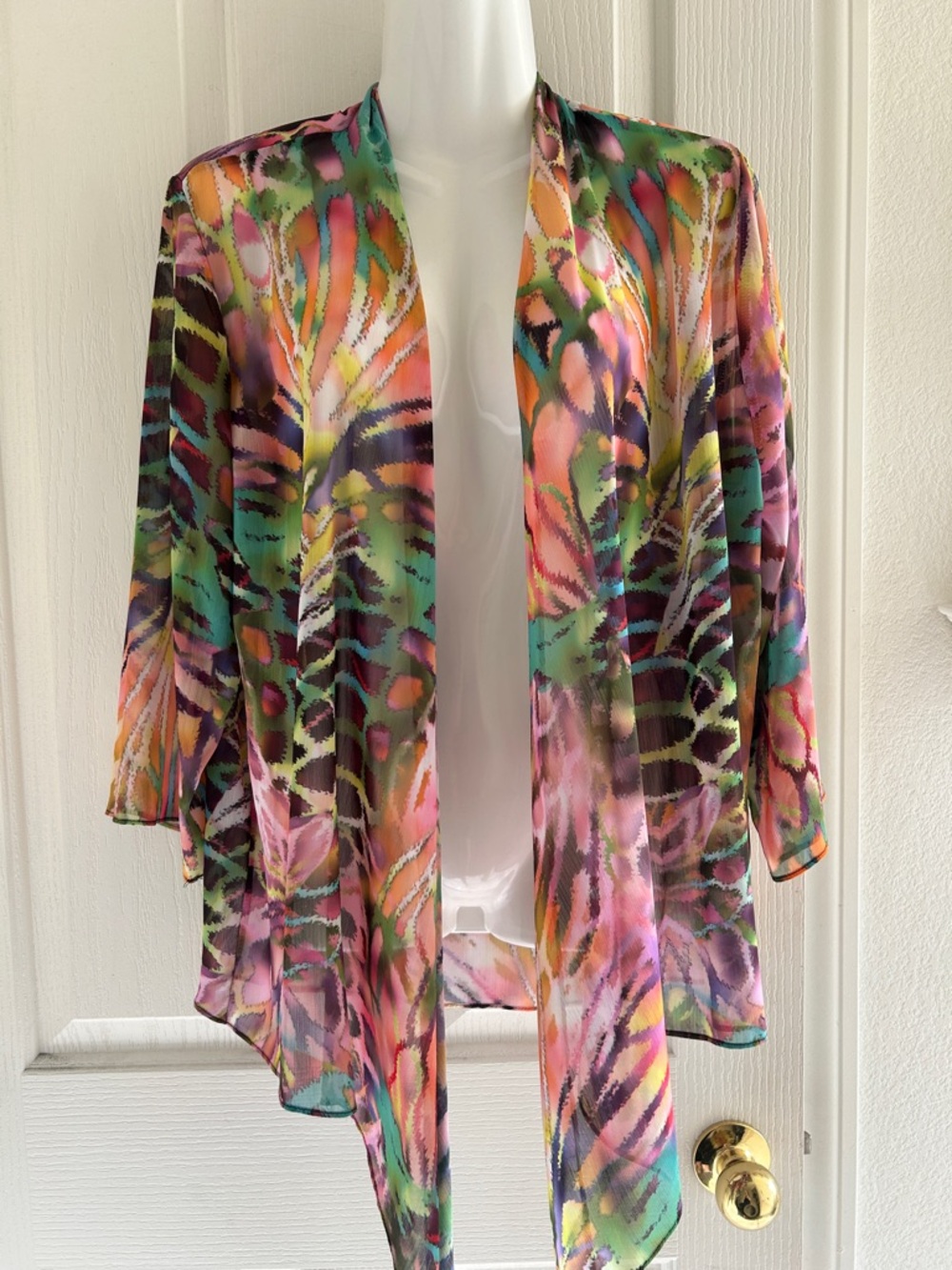 Slinky Brand Multicolor Sheer Printed Open-Front Kimono
